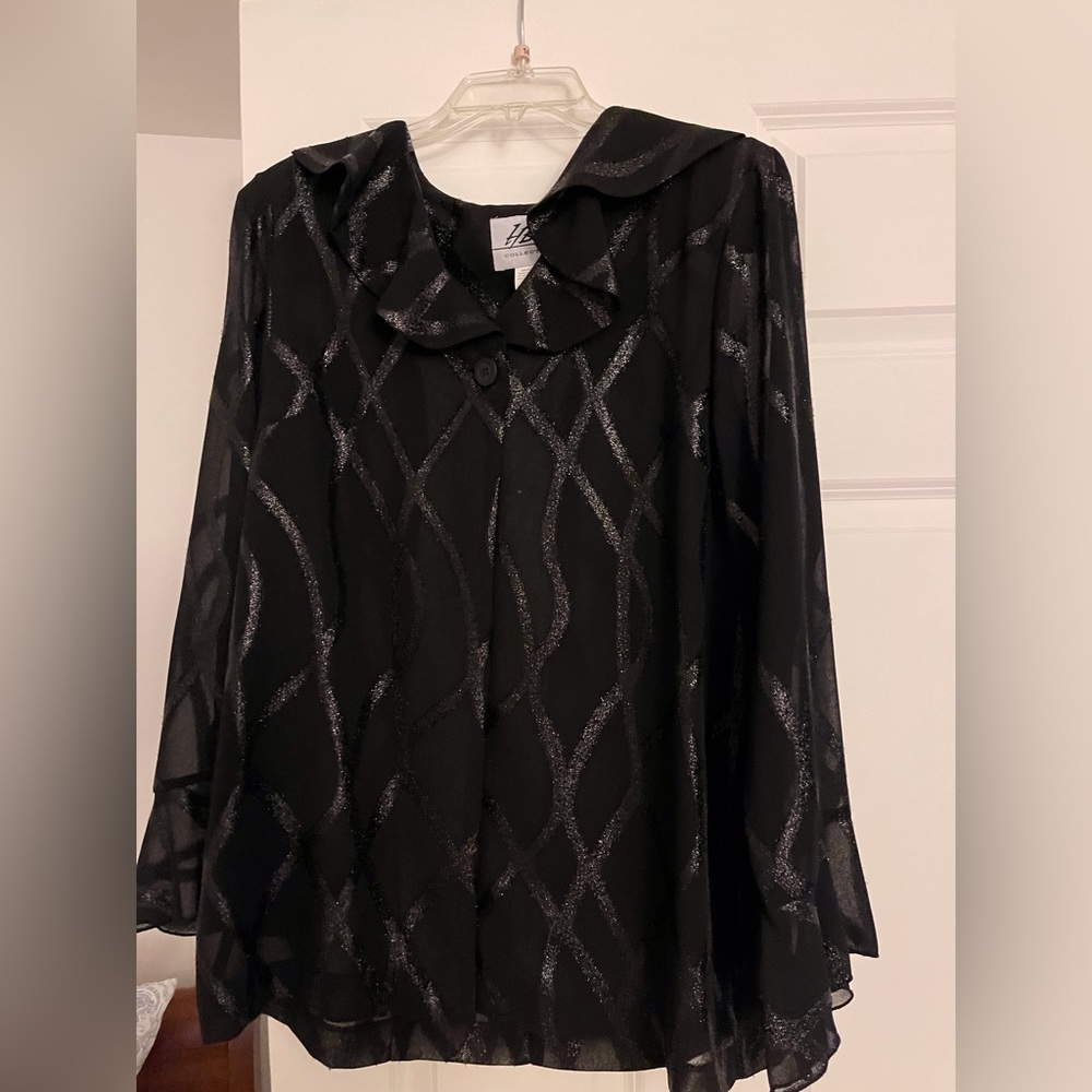 Black Dressy sheer jacket with palazzo pants.